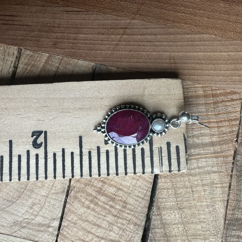 Vintage Artisan Stud Dangle Earrings 1.3 Inch Ruby Pearl 925 Sterling 10.4g‎